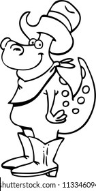 Black and white illustration of a dinosaur wearing