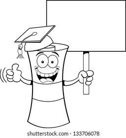Black and white illustration of a diploma holding a sign.