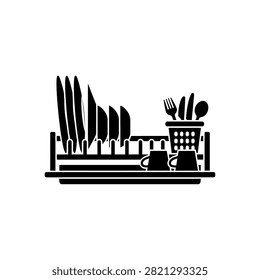 A black and white illustration of a dish drying rack filled with plates, cups, and cutlery.
