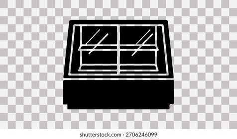 Una ilustración en blanco y negro de una vitrina, perfecta para mostrar productos en una tienda o panadería.
