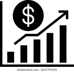 Black and white illustration displaying an ascending bar graph with an upward arrow. A dollar coin symbol sits at the peak of the rising trend line, signaling financial growth.