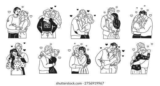 Black and white illustration of diverse couples expressing love and affection. Each pair displays fond emotions with hugs and cuddles. Minimalist style with heart symbols.