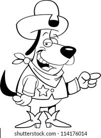 black and white illustration of a dog dressed as a cowboy