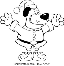 Black and white illustration of a dog dressed as an elf.