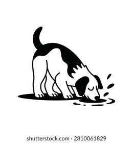 Black and white illustration of dog drinking from puddle on the ground outside