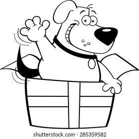 Black and white illustration of a dog inside a gift box.