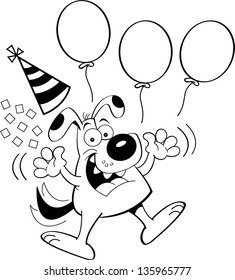 Black and white illustration of a dog jumping with balloons and a party hat.