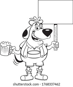 Black and white illustration of a dog in lederhosen holding a beer and a sign.