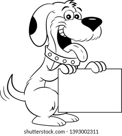 Black and white illustration of a dog sitting up and holding a sign.