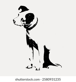 Black and white illustration of a dog sitting. The dog has a collar and is looking to the side. Simple and artistic dog design with a classic feel. Vintage dog illustration isolated on white, vector.