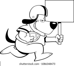 Black and white illustration of a dog wearing a football uniform while running with a sign.