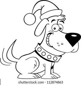 Black and white illustration of a dog wearing a Santa hat