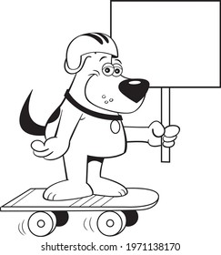 Black and white illustration of a dog wearing a helmet and holding a sign while riding on a skateboard.