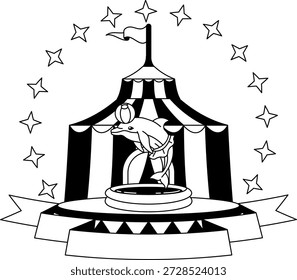 Ilustración en blanco y negro de un delfín actuando frente a un logotipo de carpa de circo