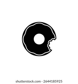 Ilustração em preto e branco de uma rosquinha com uma mordida retirada dela. Um ícone de doce representando doces, doces ou deliciosas sobremesas.