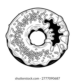 A black and white illustration of a donut covered in sesame seeds on a plain background