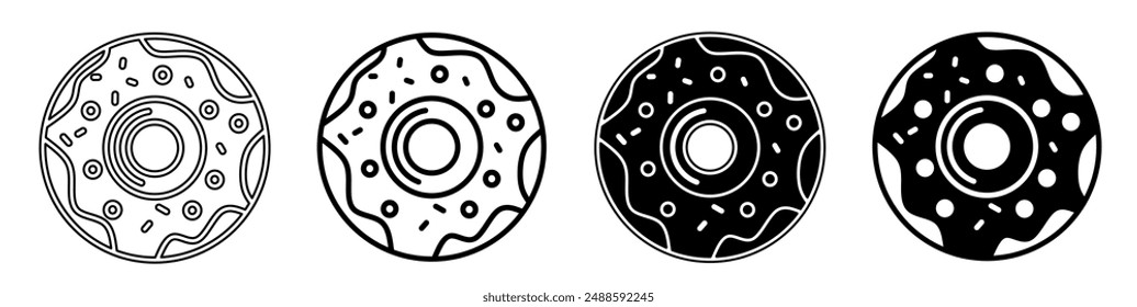 Black and white illustration of a donut. Donut icon collection with line. Stock vector illustration.