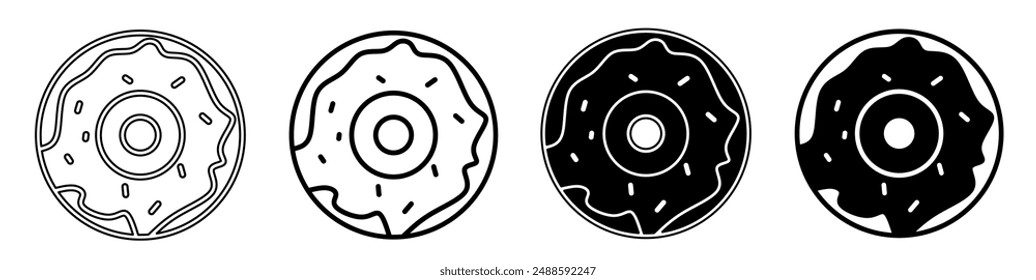 Black and white illustration of a donut. Donut icon collection with line. Stock vector illustration.