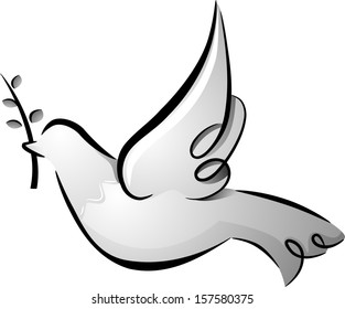 Black and White Illustration of a Dove Carrying an Olive Twig