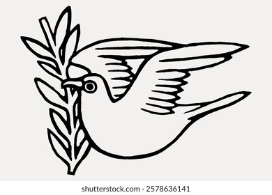 Black and white illustration of a dove carrying an olive branch. The dove, a symbol of peace, is shown with wings spread. Peaceful dove with olive branch. Vintage bird illustration vector.