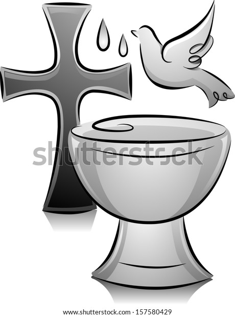 Black and White Illustration of a Dove Hovering\
Over a Font Placed Near a\
Cross