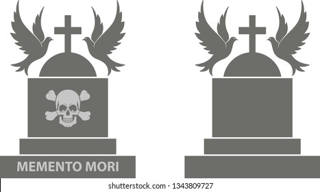 Black and white illustration of doves tombstone and text