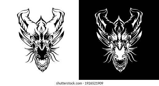 Black and white illustration of a dragon face.