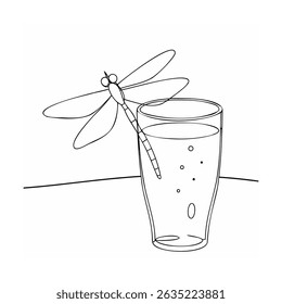 Ilustração em preto e branco de uma libélula empoleirada em um copo de água com bolhas