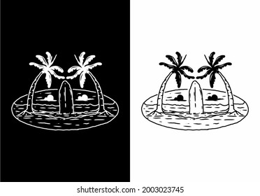 Black and white illustration drawing of surfing board and beach design