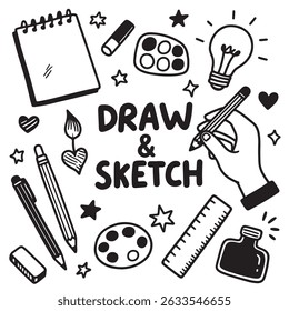 Black and white illustration of drawing tools including pencils, eraser, ruler, paint palette, ink bottle, and a hand holding a pencil 