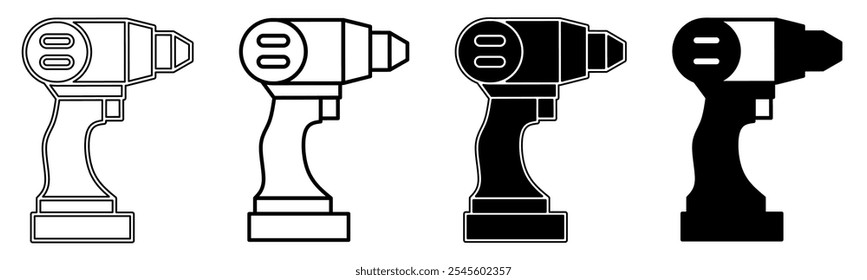 Black and white illustration of a drill. Drill icon collection with line. Stock vector illustration.