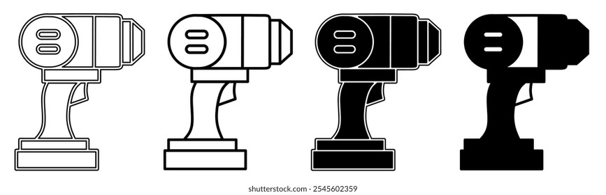 Black and white illustration of a drill. Drill icon collection with line. Stock vector illustration.