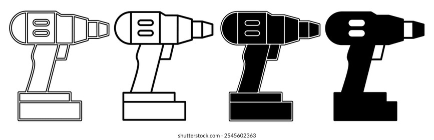 Black and white illustration of a drill. Drill icon collection with line. Stock vector illustration.