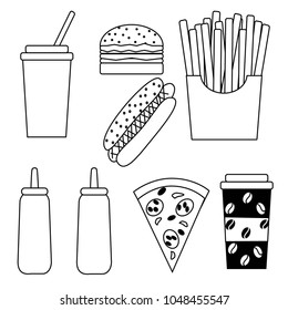 Black and white illustration of drinks and fast food on a white background