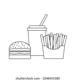 Black and white illustration of drinks and fast food on a white background