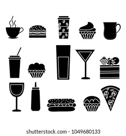 Black and white illustration of drinks and fast food on a white background. Vector illustration.