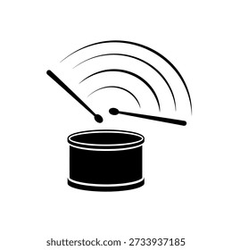 A black and white illustration of a drum being played with drumsticks, emitting sound waves.
