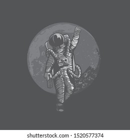 black and white illustration of drunk astronaut give bye to you