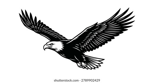 A black and white illustration of an eagle in flight with outstretched wings and sharp gaze