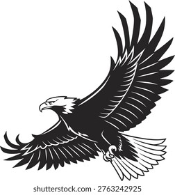 A black and white illustration of an eagle flying with its wings spread wide.