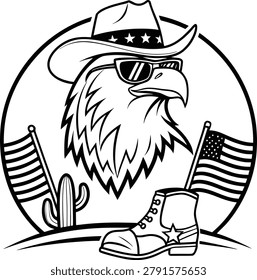 Black and white illustration of an eagle wearing a cowboy hat and sunglasses with American flags and a cowboy boot