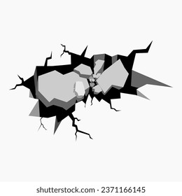 A black and white illustration of an earthquake.  The ground has holes and cracks due to the earthquake