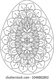 Black and white illustration of an Easter egg mandala design. Perfect for a Spring themed adult coloring book.