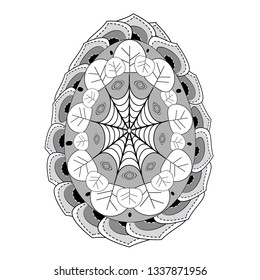 Black and white illustration of easter egg mandala design. Ideal for spring coloring book.