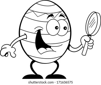 Black and white illustration of a Easter egg holding a magnifying glass.