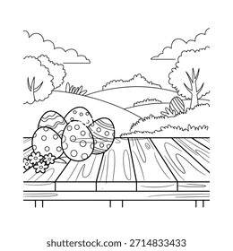 Black and white illustration of easter eggs resting on a wooden fence in nature.