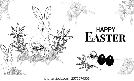 A black and white illustration of Easter, featuring Easter bunnies, decorated eggs, and floral elements. The central text reads 'HAPPY EASTER,' set against a whimsical and detailed background