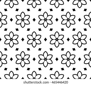 Black and white illustration. Easy festive ornament from abstract flower in the style of geometric transformations. Vector. For registration backgrounds, greeting cards, design. Seamless pattern.
