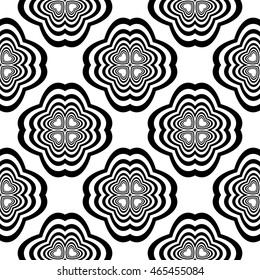 Black and white illustration. Easy festive ornament from abstract flower in the style of geometric transformations. Vector. For registration backgrounds, greeting cards, design. Seamless pattern.
