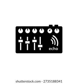 Black and white illustration of an echo effects pedal with knobs and sliders.
